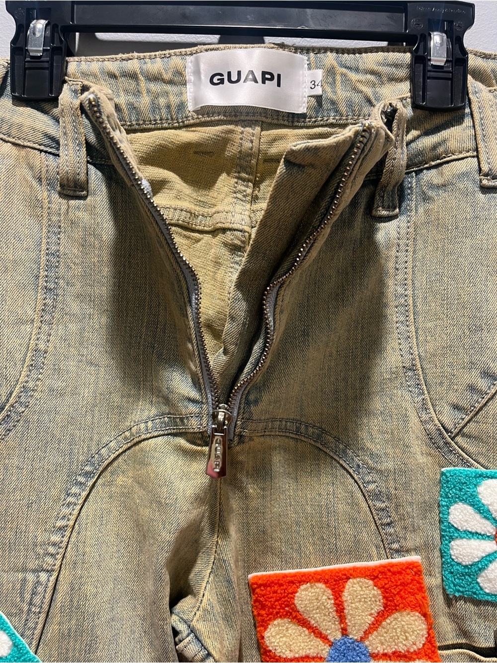 GUAPI Vintage Flowers Denim Stacked Jeans Men’s Size 34 Khaki Patchwork Flared - Picture 7 of 16
